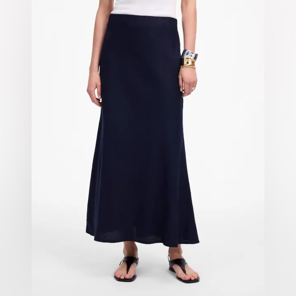 Madewell 100% Linen Bias Cut Maxi Skirt Navy Blue Size 4 Elastic Waist - Picture 2 of 12